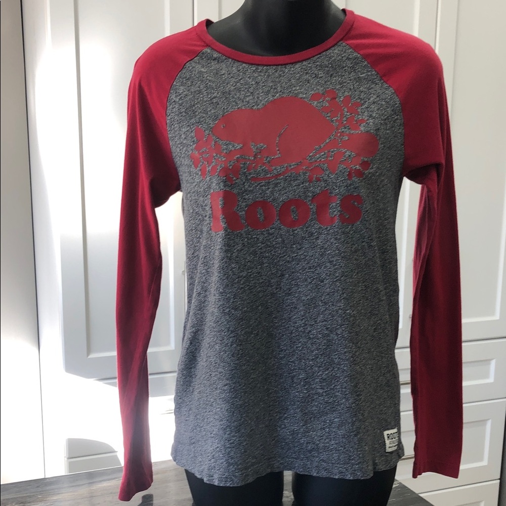 🦫Roots Women’s Long Sleeve Raglan Shirt – XS – Dark Heather Grey & Burgundy